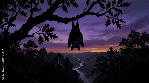 Bat hanging at dusk over serene lake landscape, nocturnal wildlife silhouette against vibrant sunset sky, perfect for international bat night