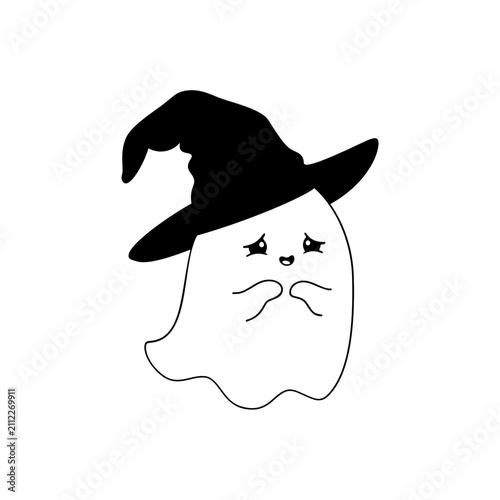 Cute sad ghost with witch hat Halloween vector illustration