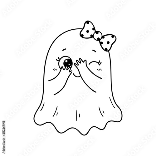 Cute shy ghost covering eyes Halloween vector illustration