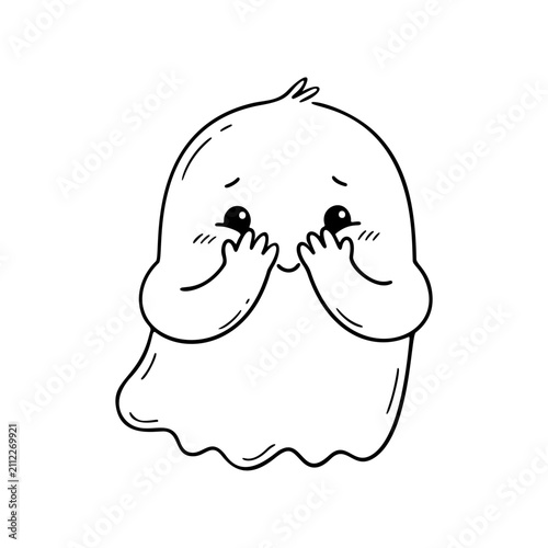 Cute shy ghost hiding face Halloween doodle vector illustration