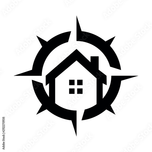 Compass-shaped emblem featuring a stylized house at its center, representing home and direction