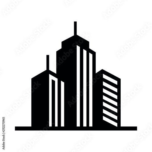 Black and white city skyline icon vector illustration, showing modern skyscrapers and urban architecture for design elements