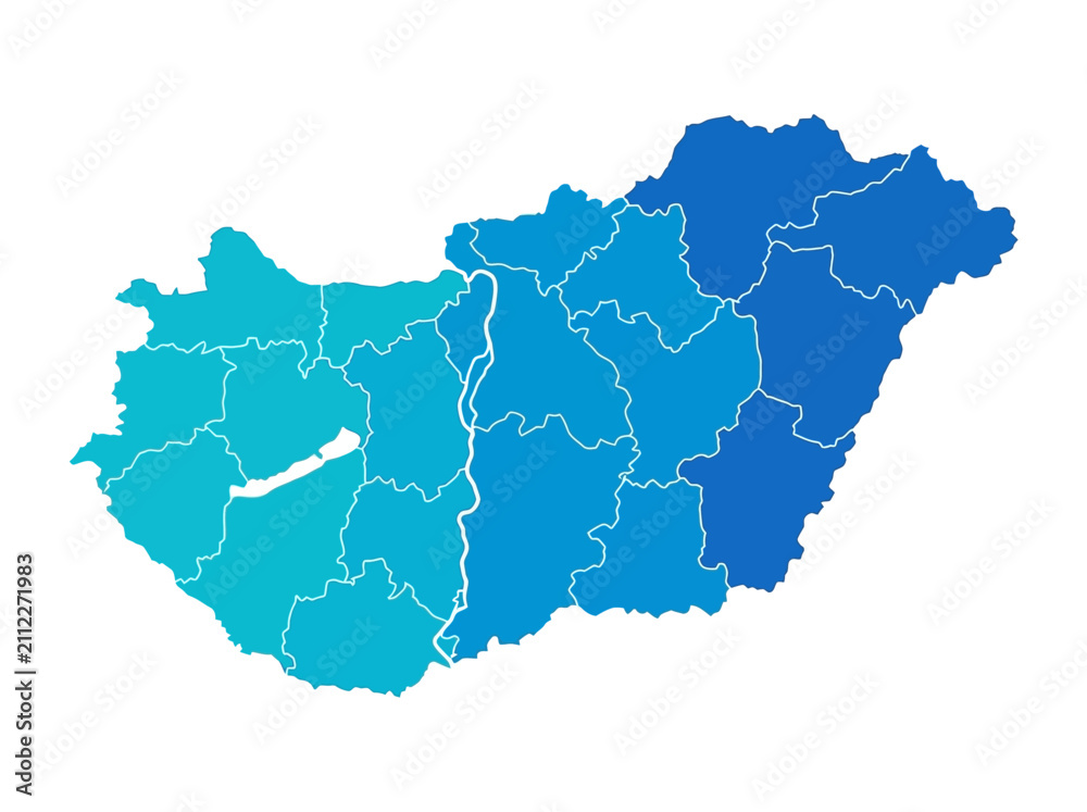 Obraz premium Blue Gradient Map of Hungary with Administrative County Borders