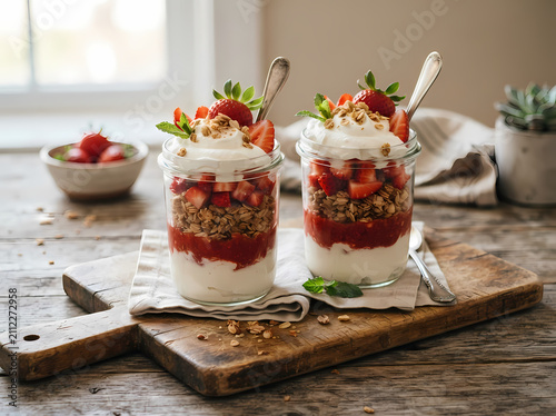 Two strawberry yogurt parfaits with granola. Healthy breakfast dessert in glass jars.