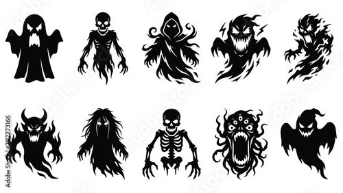 Quadro su tela Collection of scary ghost and skeleton monster silhouettes for halloween
