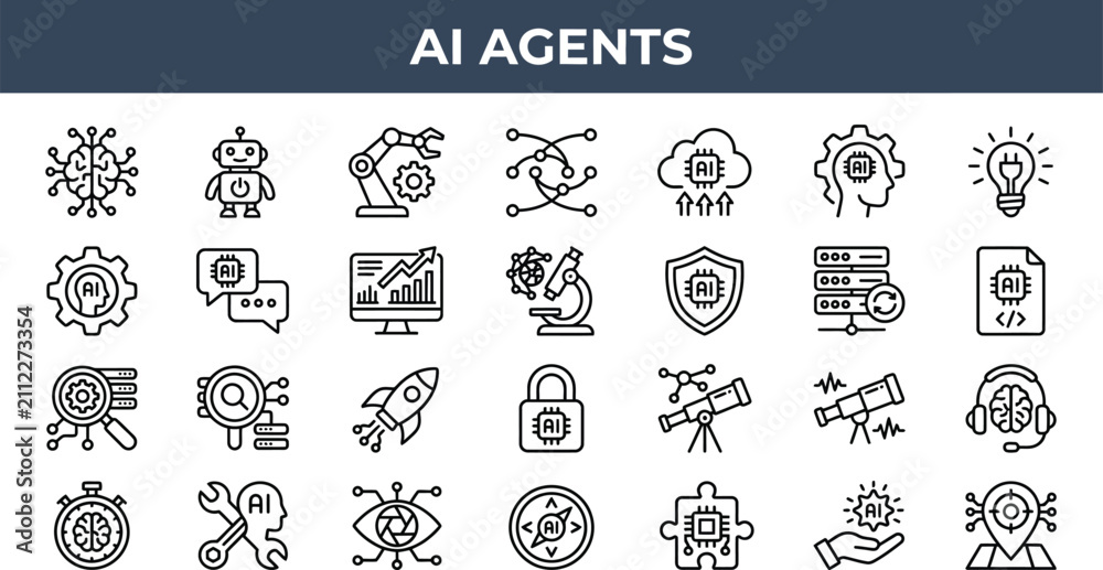 Fototapeta premium AI Agents & Autonomous Systems Line Icons