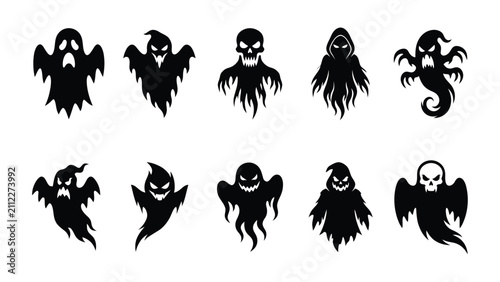 Cuadro en lienzo Collection of terrifying spooky ghost and grim reaper silhouettes for halloween