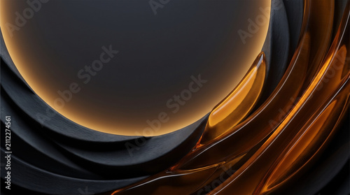 Abstract luxury background for corporate branding featuring dark matte ceramic curves and polished glowing amber resin