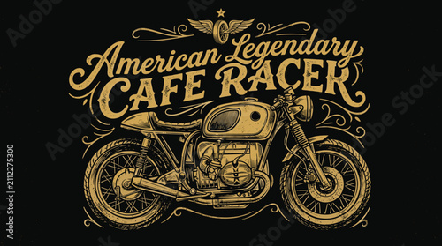 Foto Vintage American Legendary Cafe Racer Motorcycle Illustration, Retro Biker T-shi
