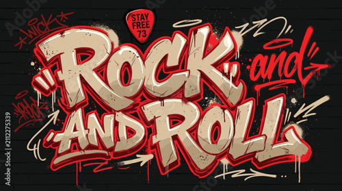 Quadro su tela Graffiti rock and roll text art, urban street style lettering on black brick wal