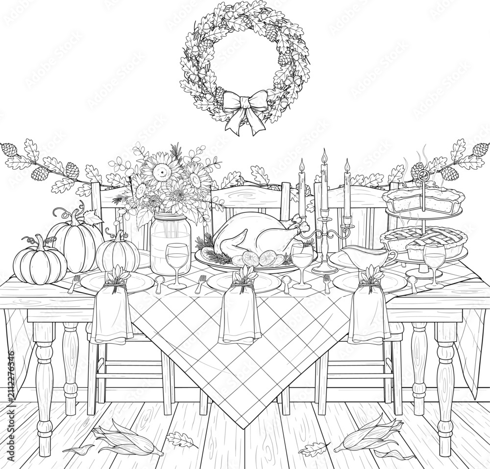 Fototapeta premium Thanksgiving dinner table setting with roasted turkey and pies, coloring page