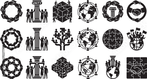 Set of black and white depicting teamwork, unity, global cooperation, puzzle pieces, handshake, and business collaboration symbols