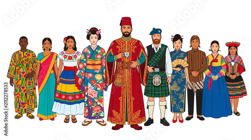 Diverse People in Traditional Cultural Clothing from Around the World