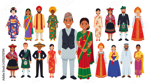 Diverse People in Traditional Cultural Clothing, Global Diversity Illustration