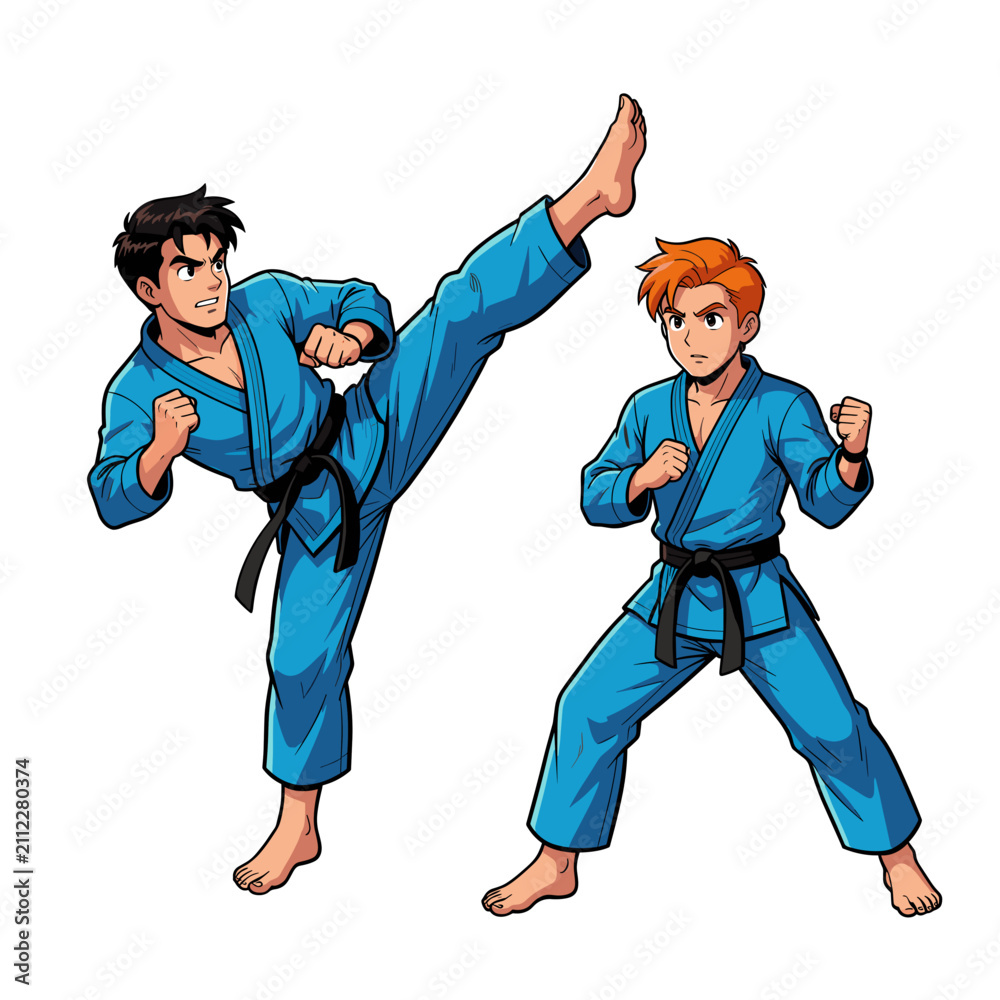 Fototapeta premium Two Martial Artists Practicing Karate Kick in Blue Gi Uniforms