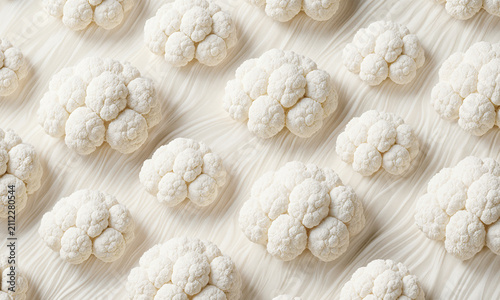 Cauliflower floret pattern arranged in rows on a wavy matte surface for a clean minimalist food background