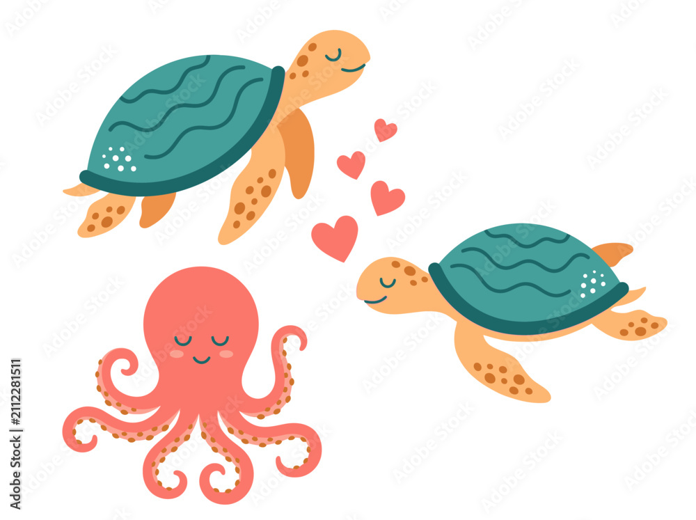Fototapeta premium Cute Cartoon Sea Animals Set with Turtles in Love and Friendly Octopus