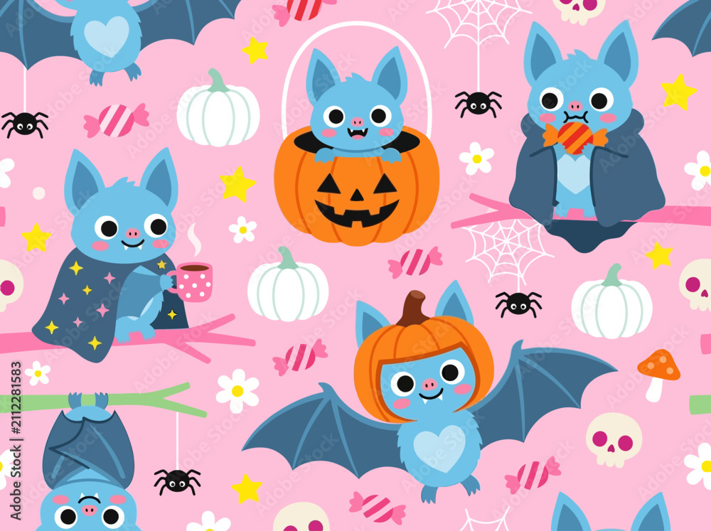 Fototapeta premium Kawaii Halloween Seamless Pattern with Cute Blue Bats, Pumpkins, and Candy on Pink Background