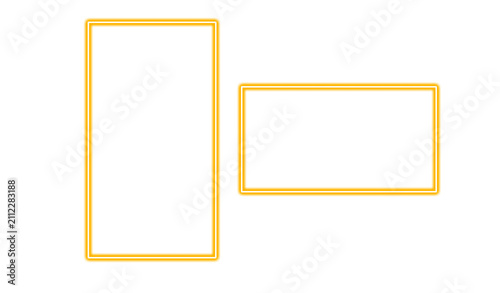 Two yellow neon rectangular frames isolated on transparent background