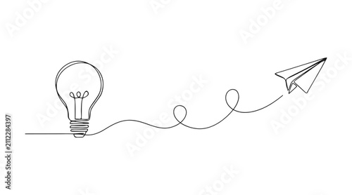 Bild auf Leinwand Continuous line art drawing of a glowing lightbulb connected to a paper airplane
