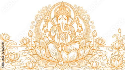 Fotografía Hindu god Ganesha sitting on lotus flower with mandala background