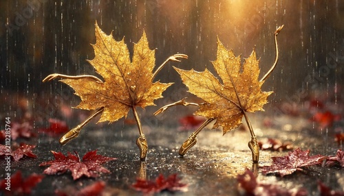 Surreal Concept of Golden Maple Leaves Dancing Like Ballerinas in Autumn Rain