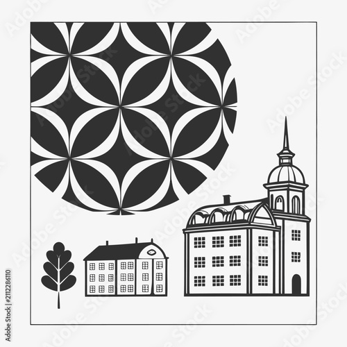 Architectural sketch of town buildings with tree and circle pattern, building