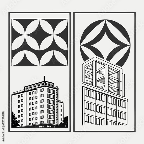 Architectural design panels with urban buildings and geometric motifs, building
