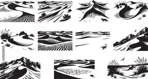 Quadro su tela Set of twelve black and white desert landscape featuring sand dunes, rocky mount