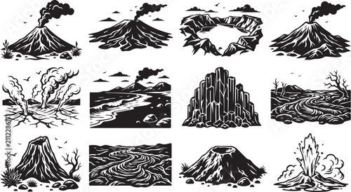 Obraz na płótnie Set of twelve black and white featuring volcanic landscapes, erupting volcanoes,