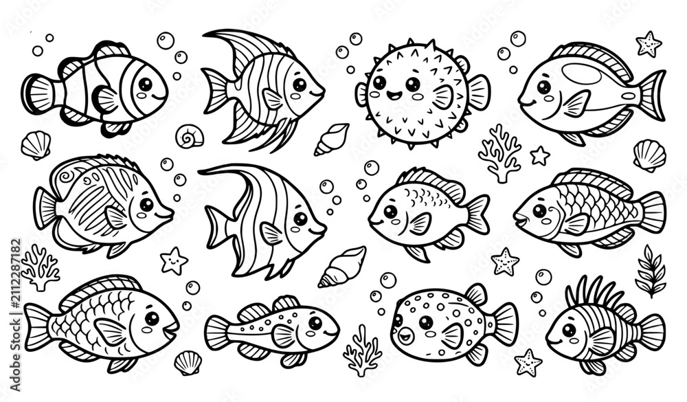 Obraz premium Cute Kawaii Sea Fish Cartoon Character Coloring Page Vector Set for Kids