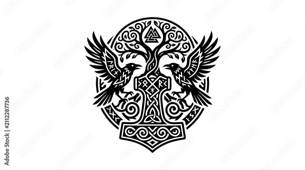 Obraz premium Norse Mythology Symbol: Tree of Life, Odin's Ravens, Mjolnir Hammer & Runes