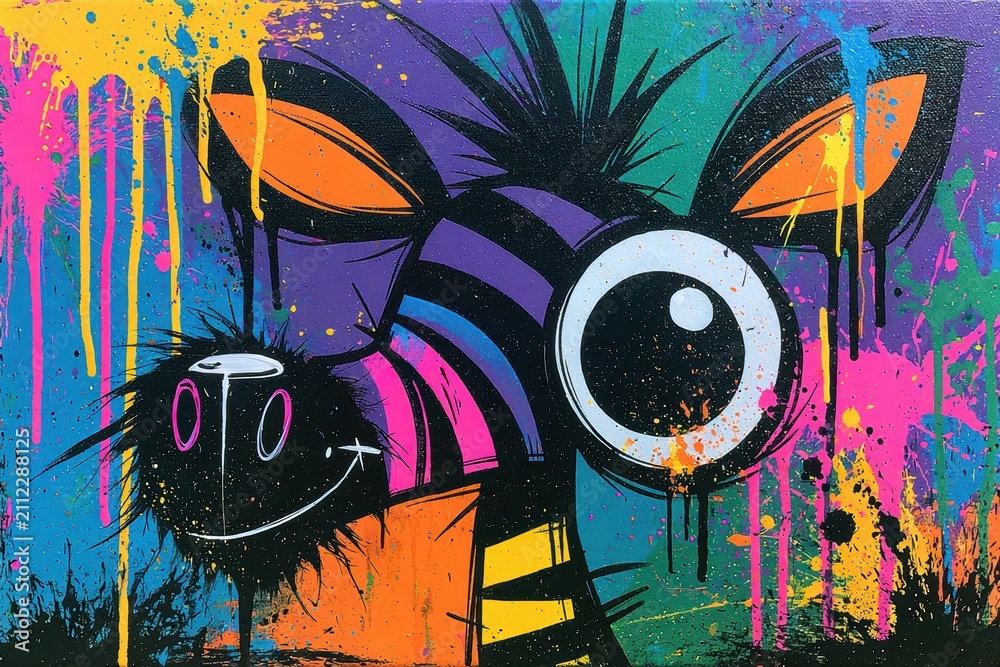Obraz premium Abstract zebra character staring forward, urban graffiti style with vibrant paint splatters, drips