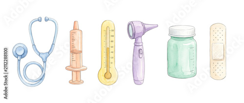 Watercolor medical equipment icon set with stethoscope, syringe, thermometer, otoscope, medicine jar, and bandage isolated on white background for cute pediatric healthcare clinic and hospital design.