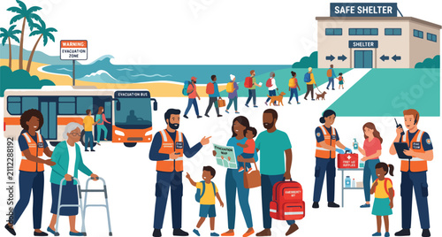 World Tsunami Awareness Day promotes disaster preparedness and coastal safety with people evacuating to a safe shelter
