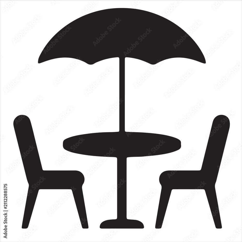 Fototapeta premium Outdoor Cafe Table with Umbrella Black Silhouette Vector Furniture Icon