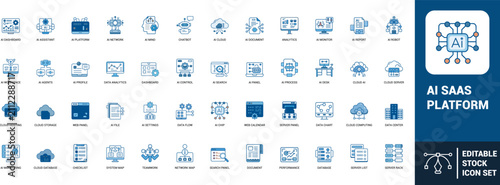 AI SaaS platform line art icons set ai dashboard, ai assistant, chatbot, ai network, analytics, cloud server, data center, ai robot, Web icon, App icon, Outline icon, Editable stroke, line art, Vector