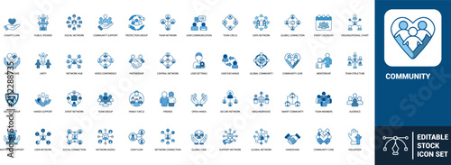 Community social network line art icons set charity care, team network, user communication, team circle, data network, global, Web icon, App icon, Outline icon, Editable stroke, line art, Vector EPS