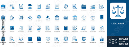 Legal law line art icons set courthouse, judge gavel, legal document, lawyer, justice scales, copyright protection, contract, handcuffs, police badge, Web icon, App icon, Outline icon, Editable stroke