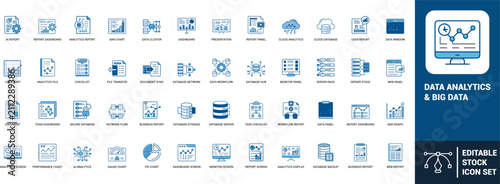 Data analytics big data line art icons set dashboard, bar chart, database, cloud analytics, performance chart, business report, workflow, Web icon, App icon, Outline icon, Editable stroke, line art, V