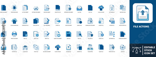 File actions line art icons set upload file, download file, delete file, share file, cloud upload, secure file, edit document, save file, Web icon, App icon, Outline icon, Editable stroke, line art, V