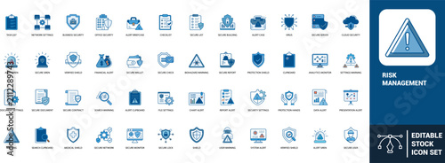Risk management line art icons set warning, shield, security, alert, virus, protection, biohazard, financial alert, secure server, cloud security, Web icon, App icon, Outline icon, Editable stroke, li