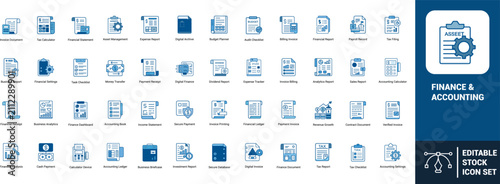 Finance accounting line art icons set invoice document, tax calculator, financial statement, asset management, expense report, budget planner, Web icon, App icon, Outline icon, Editable stroke, line a