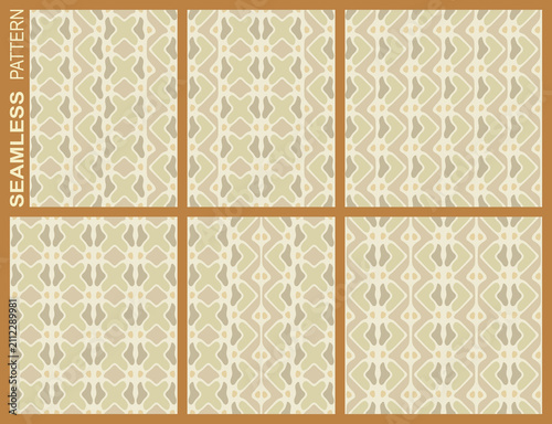 Set of seamless geometric patterns isolated on brown. Abstract background with muted colors. Vector illustration.