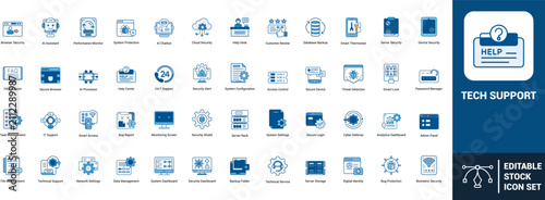 Tech support line art icons set help desk, IT support, AI assistant, customer service, security shield, system settings, cloud security, database backup, Web icon, App icon, Outline icon, Editable str