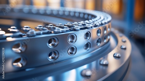 Close-up view of a large industrial bearing with intricate metalwork