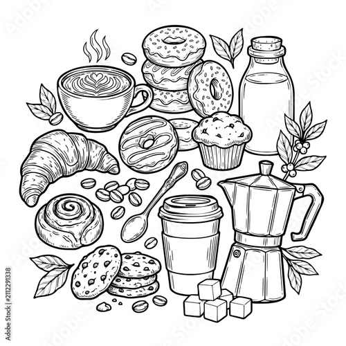Coffee Shop Breakfast Doodle Elements Black and White Vector