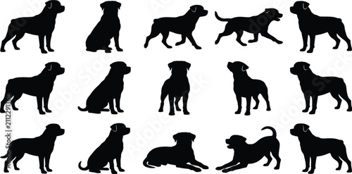 Bild auf Leinwand Rottweiler dog silhouette set, dog poses vector, sitting running standing guard