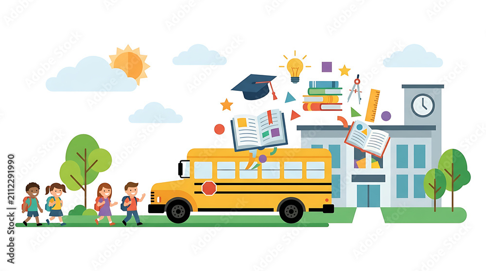 Naklejka premium Happy children with backpacks eagerly boarding a bright yellow school bus outside a modern school building with a blue sky and fluffy clouds overhead symbolizing education and learning adventures