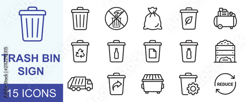 Konstfotografi 15 Trash Bin Line Icons: Editable Stroke Vector Collection for Waste Management,